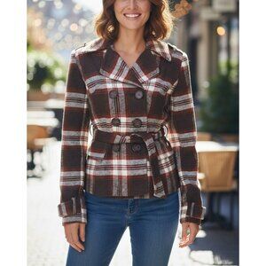 Decree Womens Brown & Red Plaid Double-Breasted Peacoat Jacket Size L
